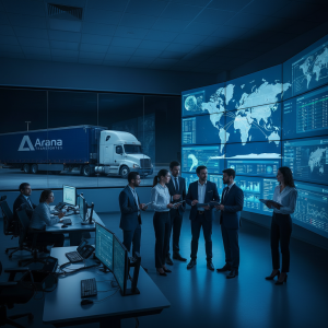 Centro de control logístico de Arana Transportes con pantallas de seguimiento y equipo profesional, mostrando eficiencia en transporte nacional e internacional.